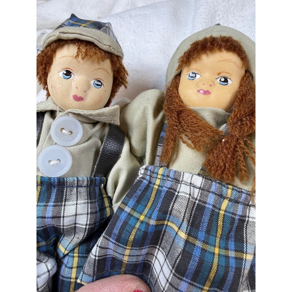 Vintage Pair Cloth Dolls Boy Girl Matching‎ Plaid Outfits 6 Inch Hand Painted